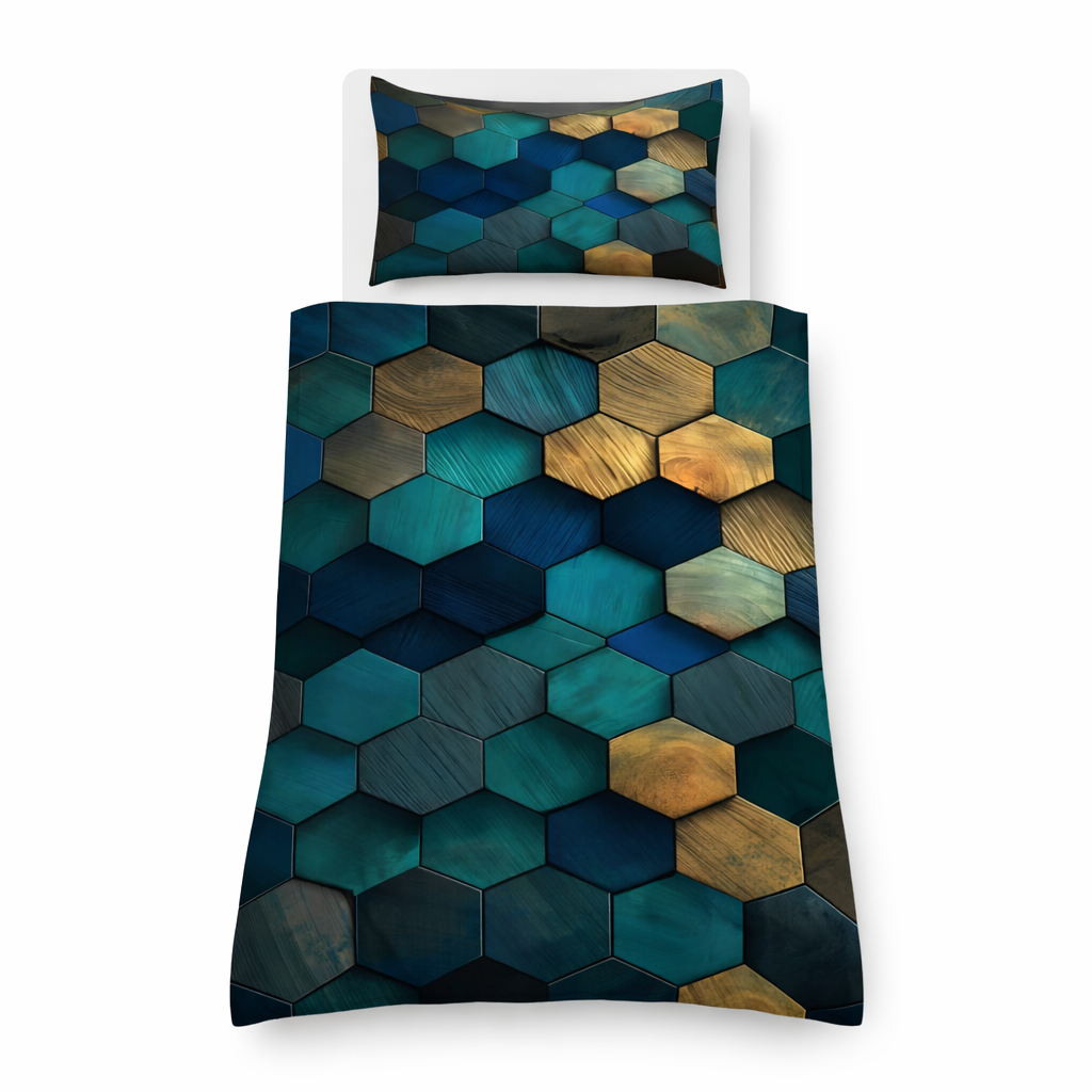 Hexagon geometric design bedding set on a white background
