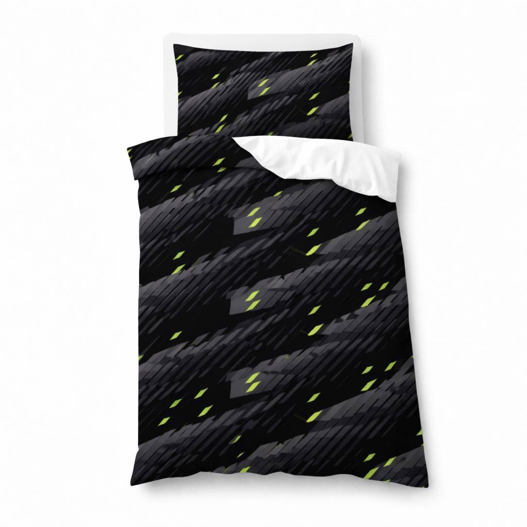 Black and gray patterned bedding set with white pillowcases on a white background