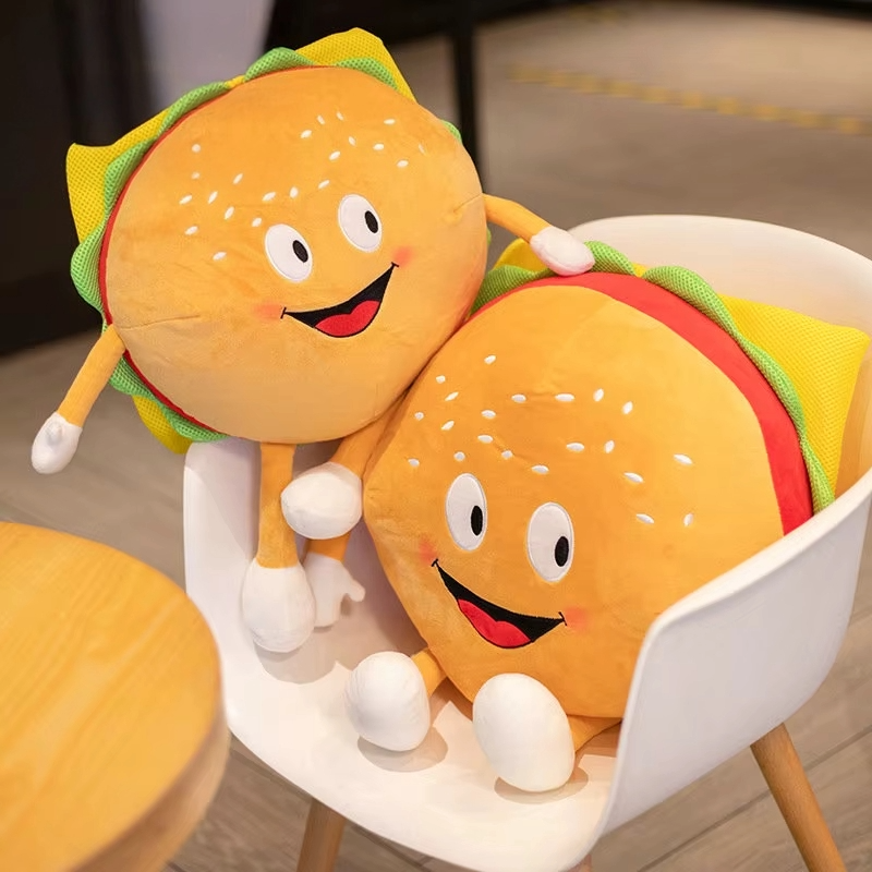 Cheeseburger fast food plush toy with smiling face and soft novelty design