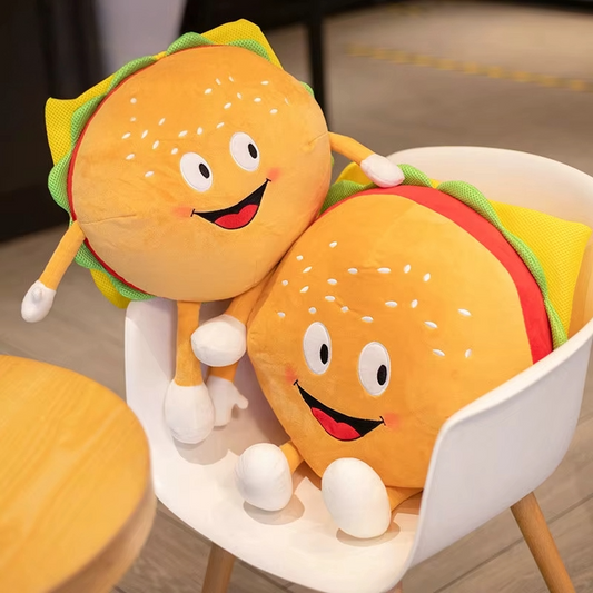 Cheeseburger fast food plush toy with smiling face and soft novelty design