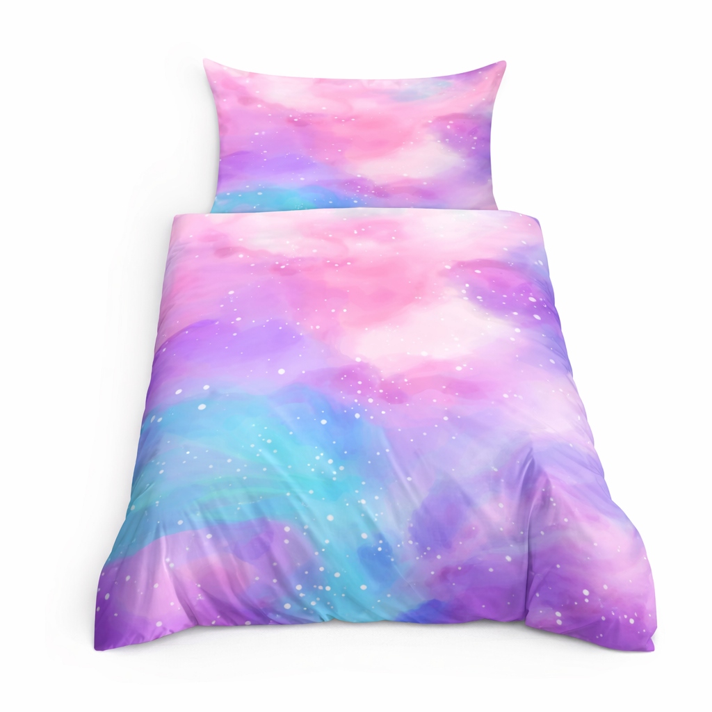 Purples, punks and blues multicoloured duvet set with a starry design on a white background
