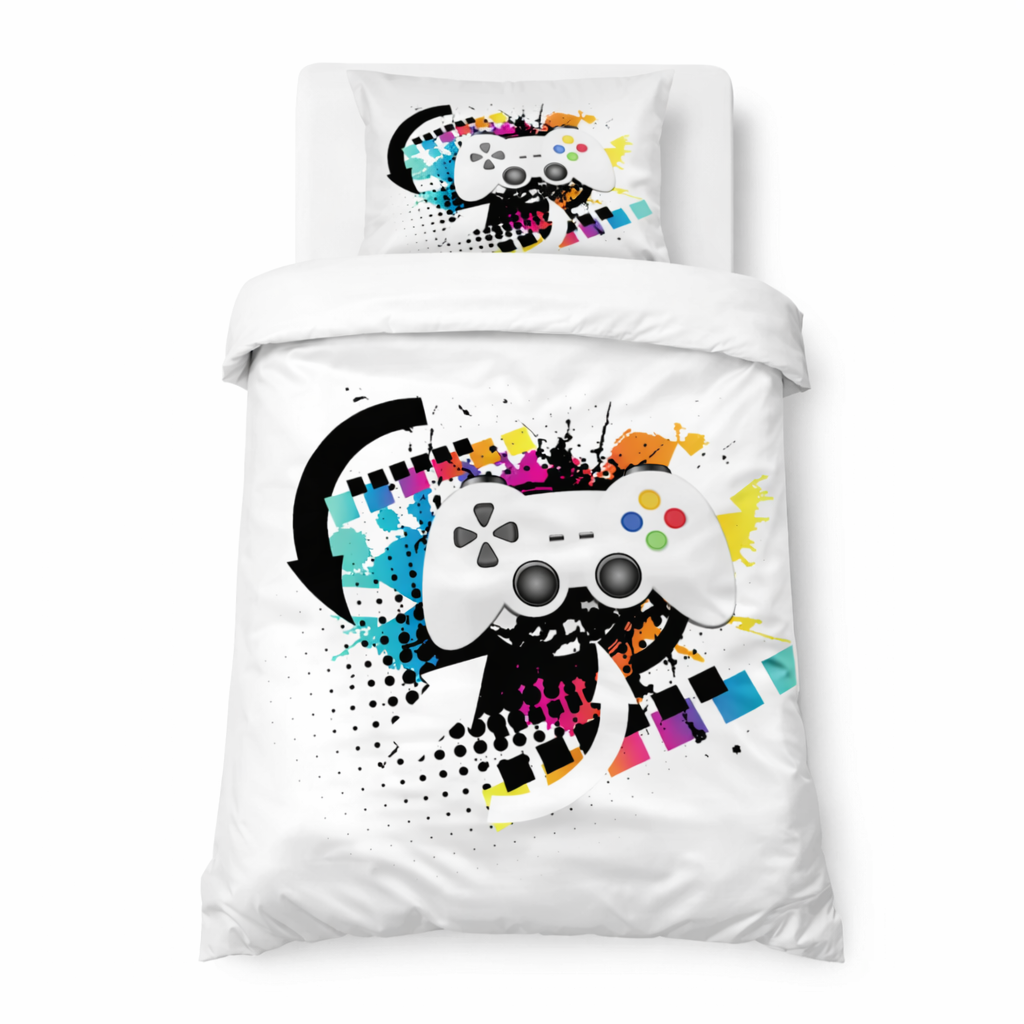 White gamer bedding set in a boys bedroom on a white background