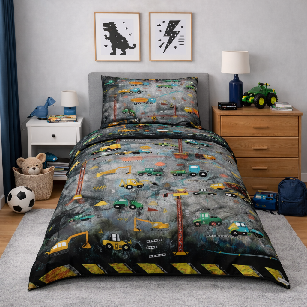 Children's bedroom with a bed featuring a construction-themed bedding set.
