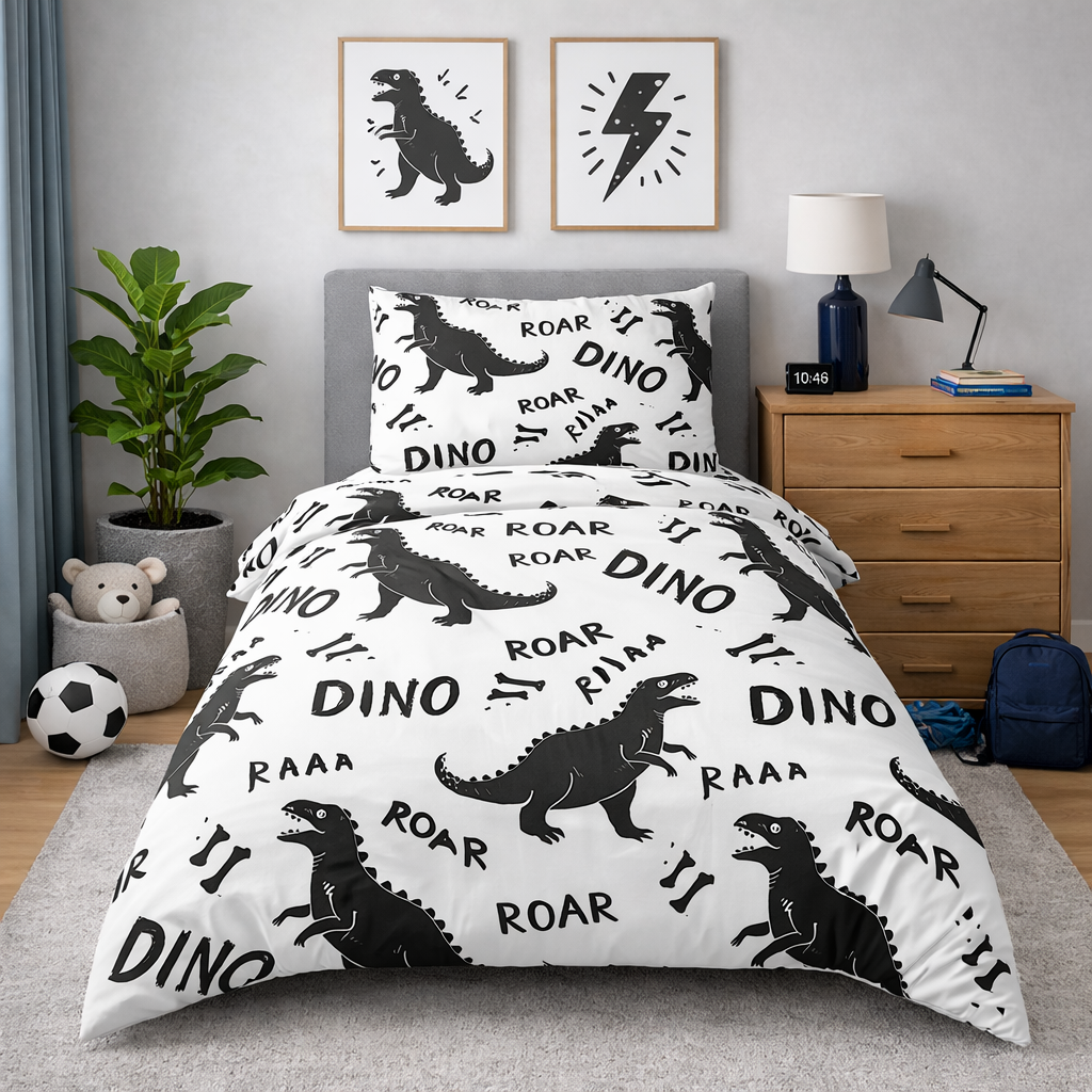 White bedding with black dinosaur design in a bedroom setting