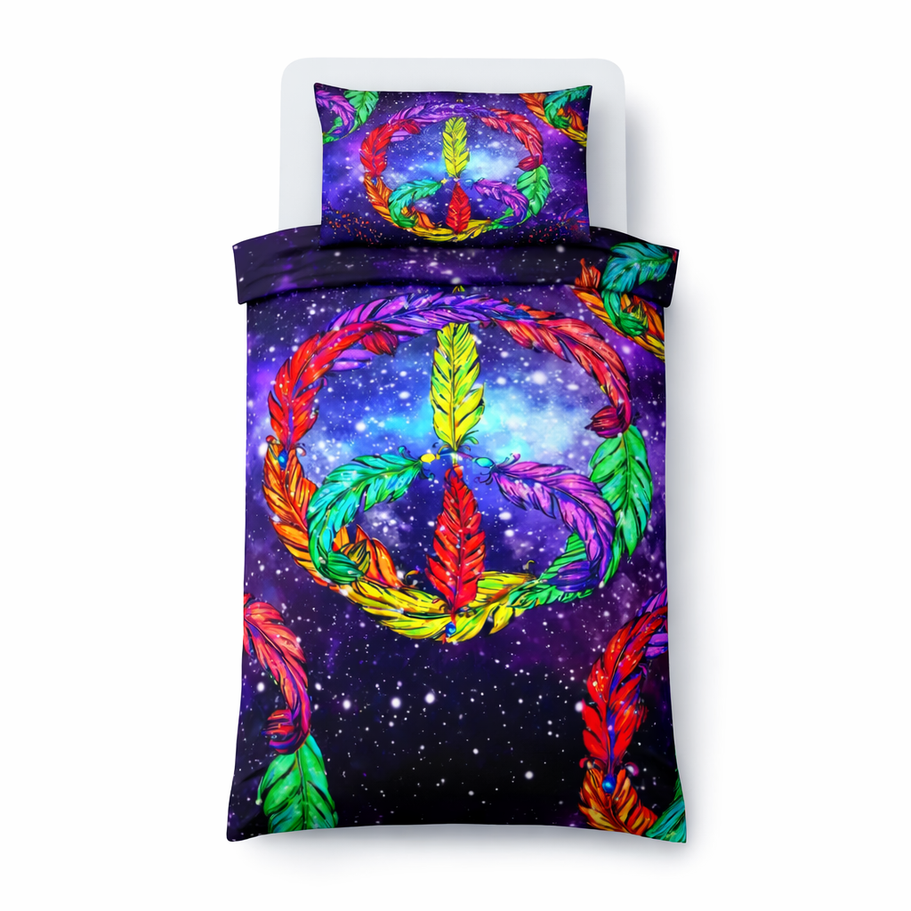 Colourful peace sign and feather design bedding set on a white background