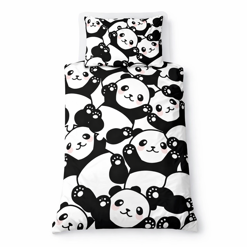 Bedding set with panda design on a white background