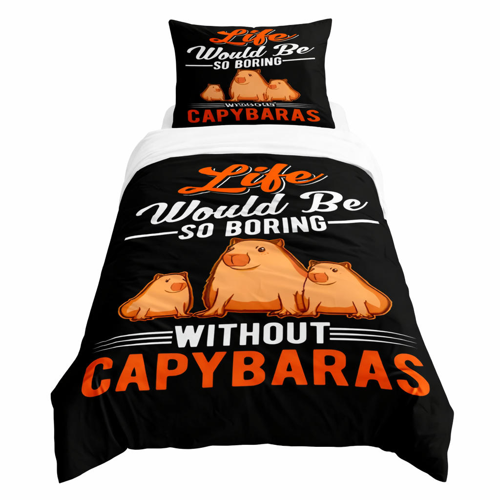 Bedding set with capybara design and text on a black background