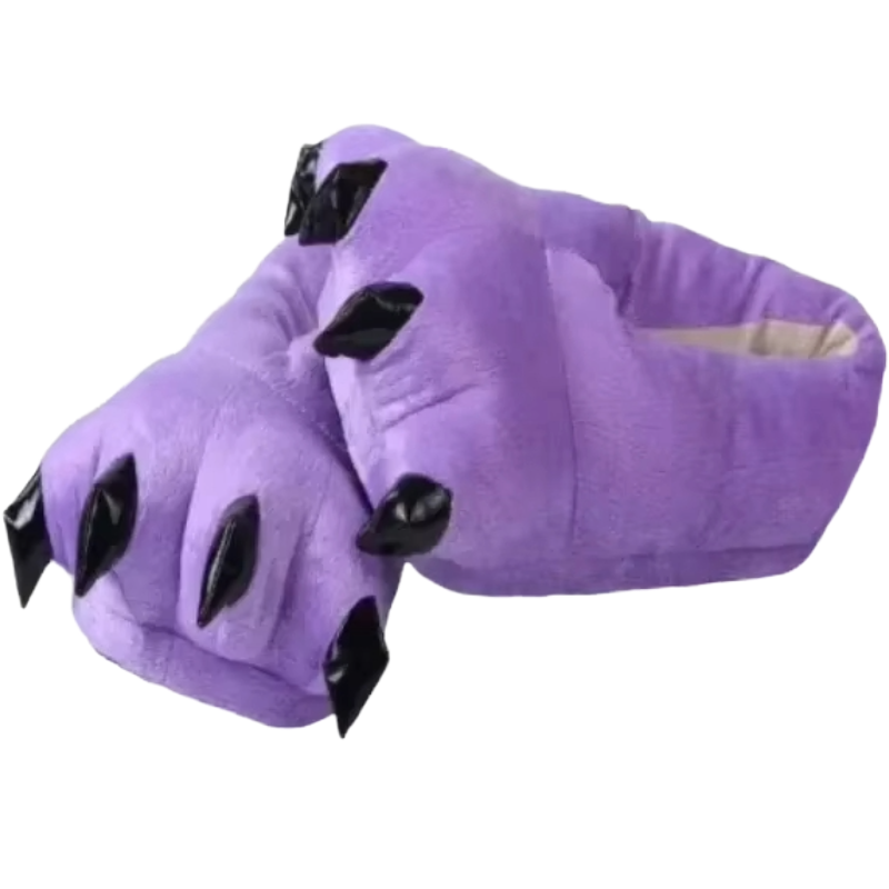 Purple slippers with black accents on a white background