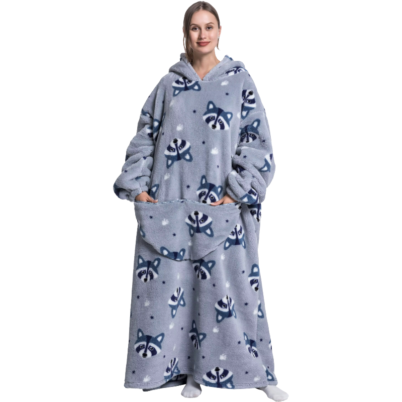 Person wearing a grey hoodie with raccoon designs on a white background