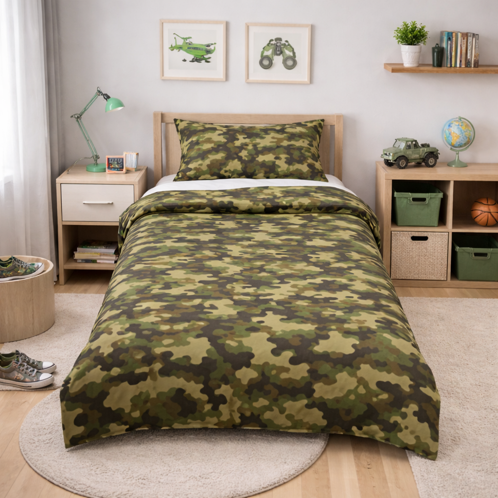 Camouflage bedspread on a bed in a room with shelves and decor