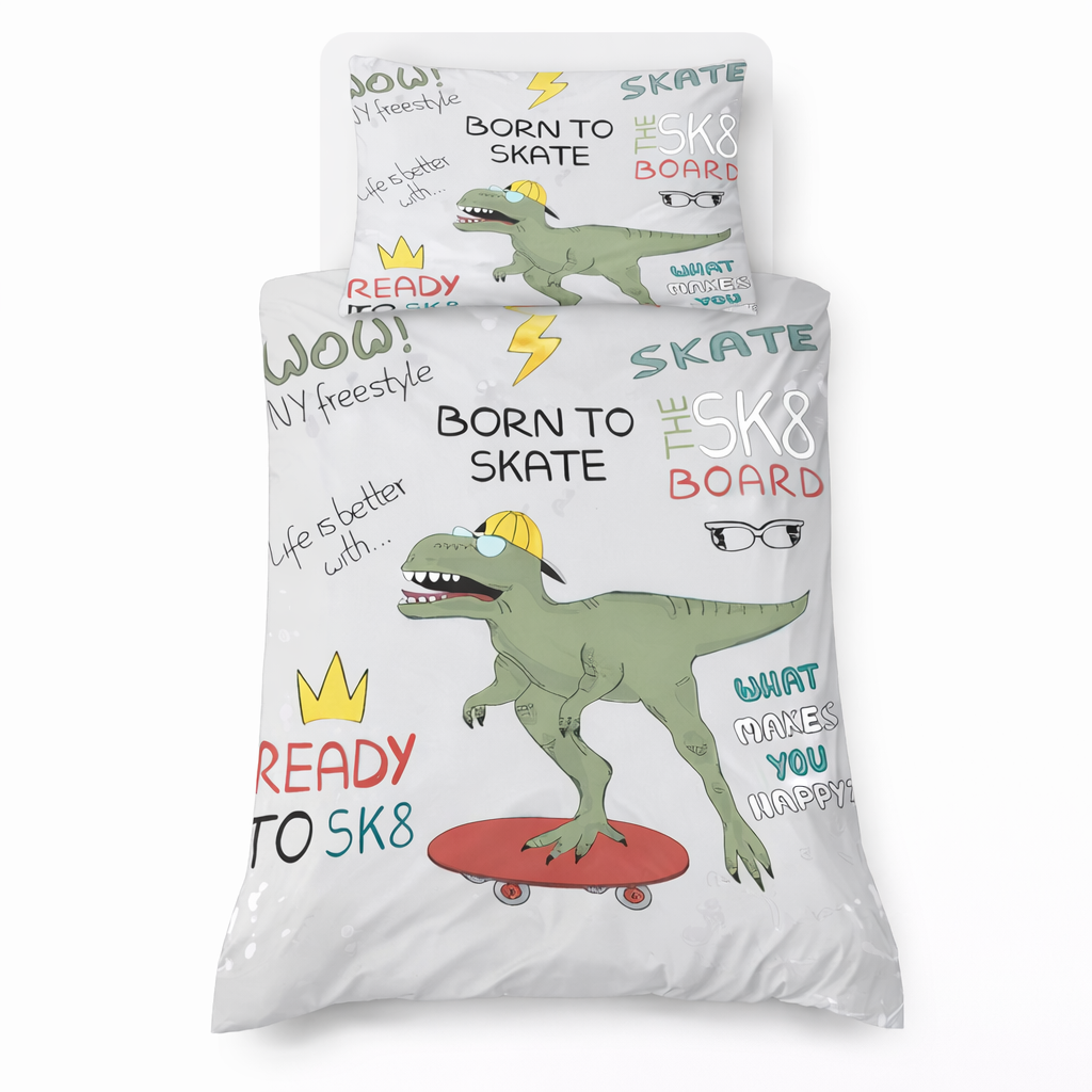 Born to skate dinosaur duvet cover and pillowcase on a white background