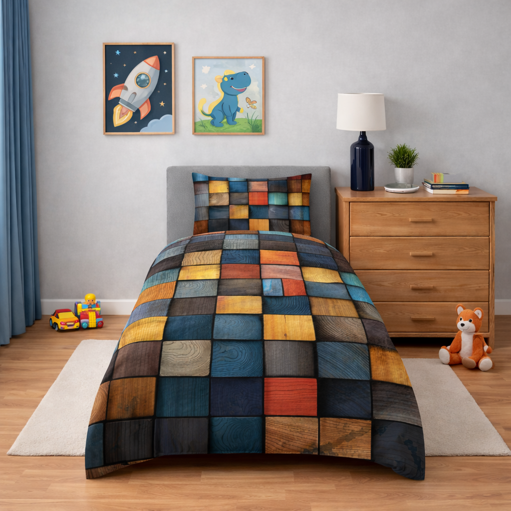 Wood effect geometric bedding set in a bedroom setting