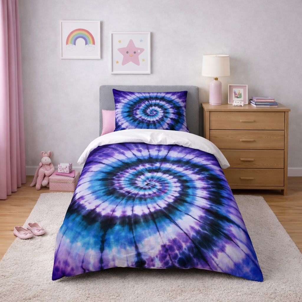 Tie-dye spiral patterned bedding set in a bedroom with a nightstand and decor items.