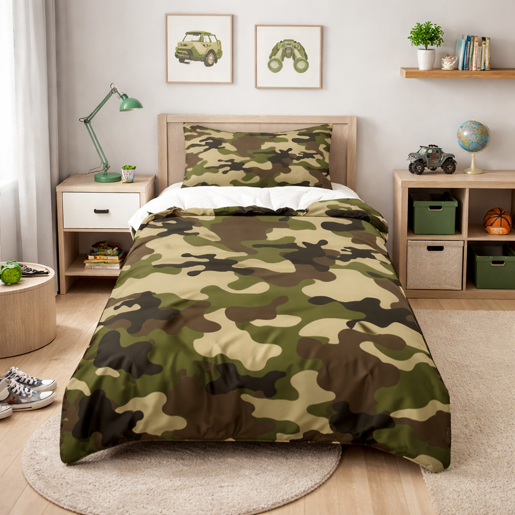 Camouflage bedspread on a bed in a room with decor elements.