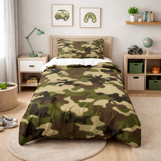 Camouflage bedspread on a bed in a room with decor elements.