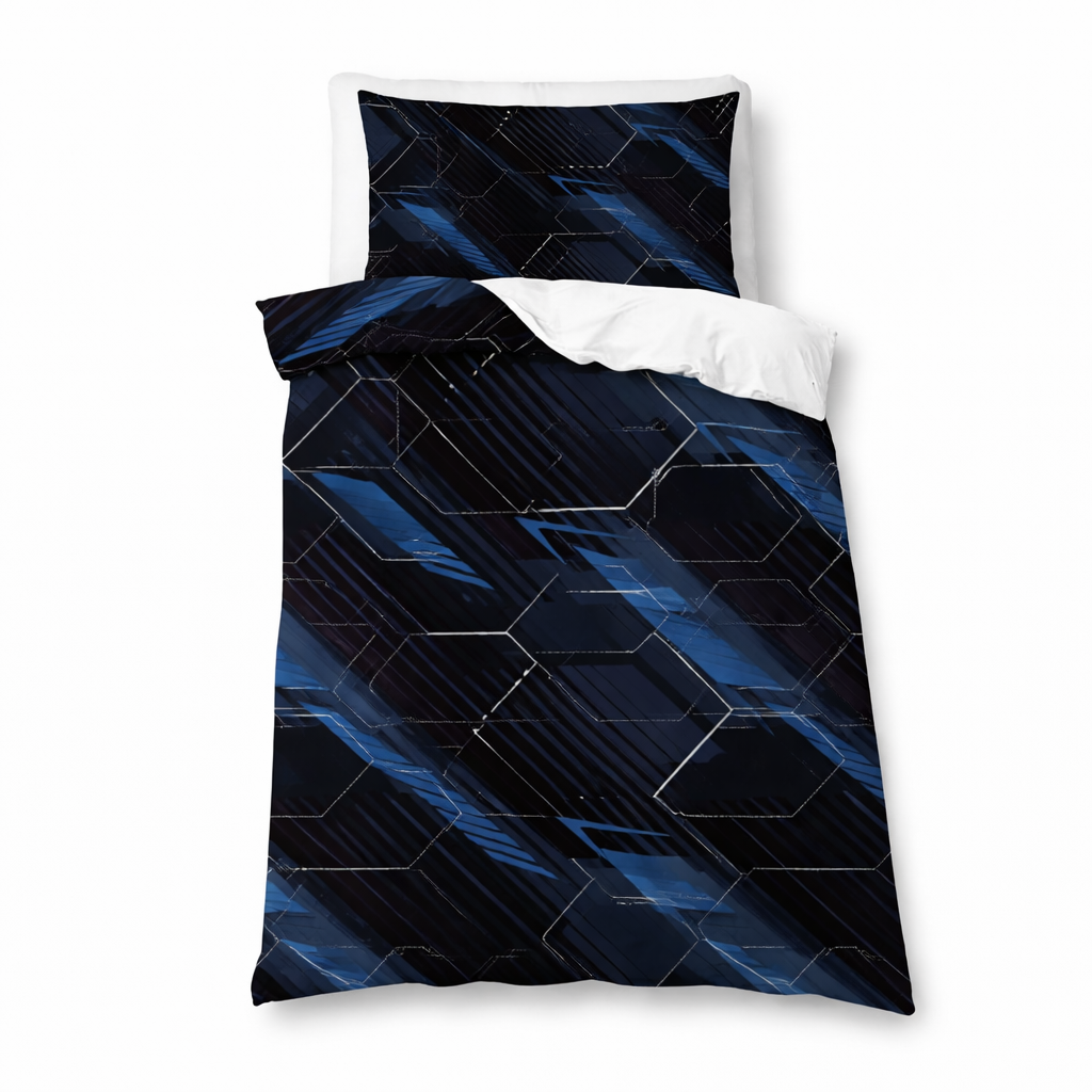 Blue geometric patterned bedding set on a white background