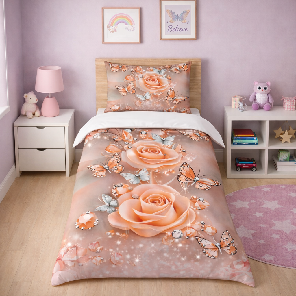 Bedding set with roses and butterflies in a child's room with a lamp, nightstand, and bookshelf.