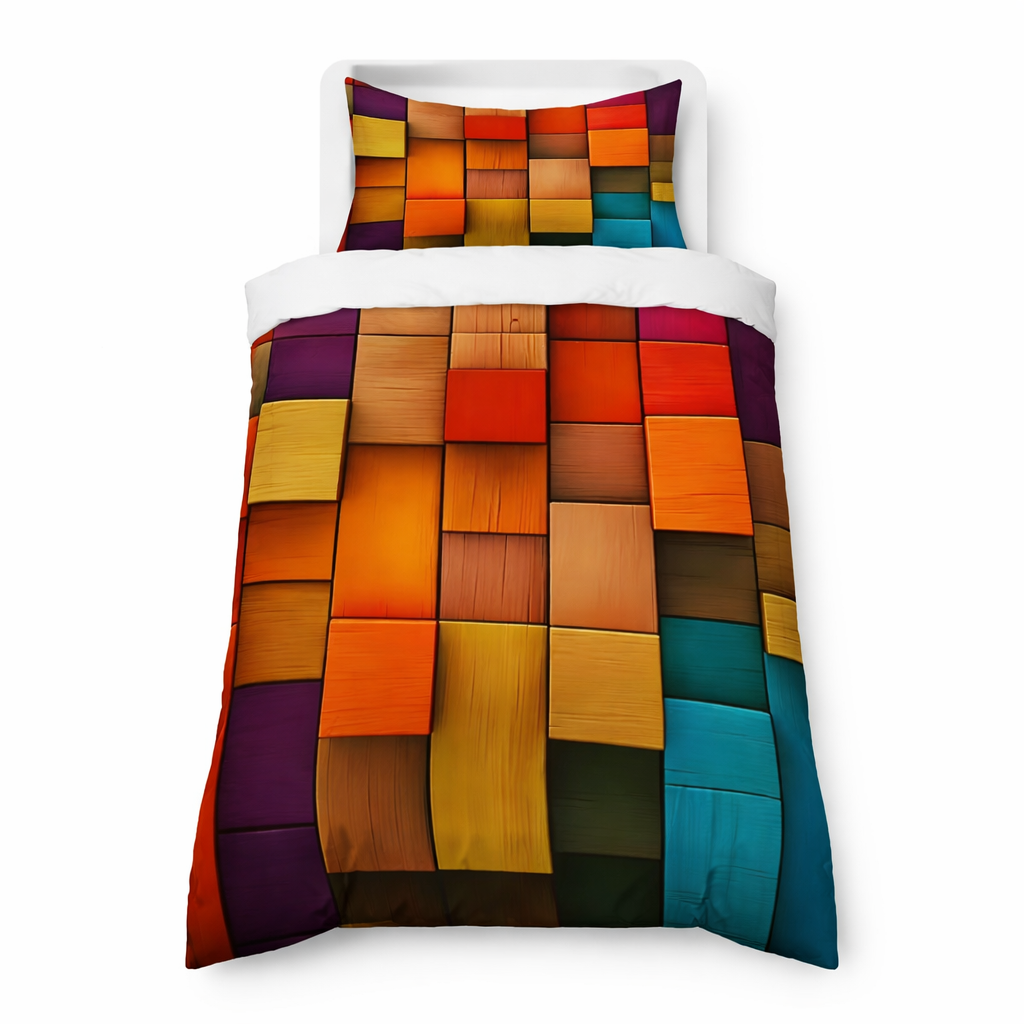 Colourful geometric patterned bedding set on a white background