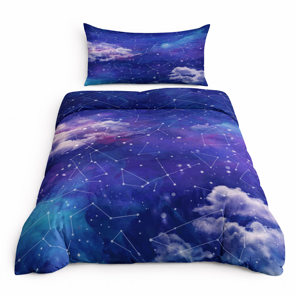 Navy cloudy star constellation duvet set on a white background