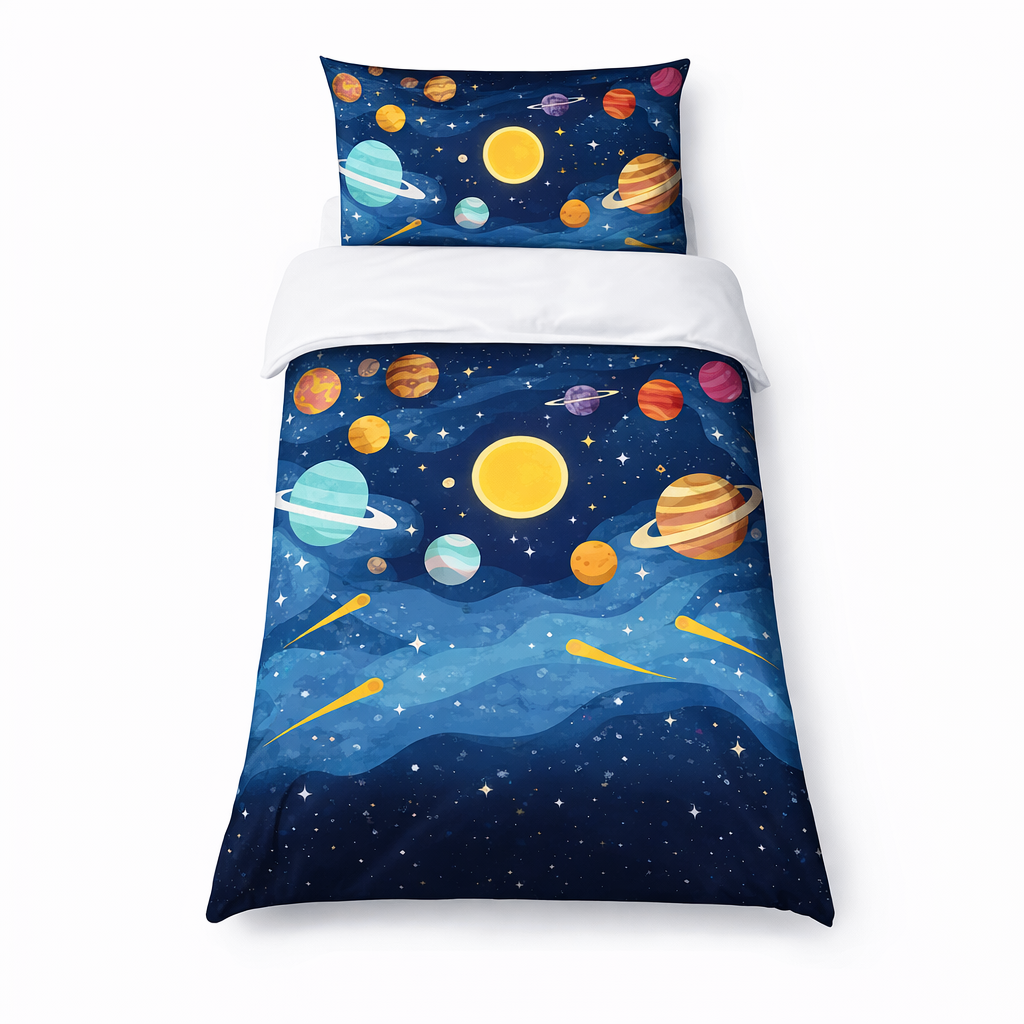 Children’s single planet duvet set with colourful solar system design on navy space background on a white background
