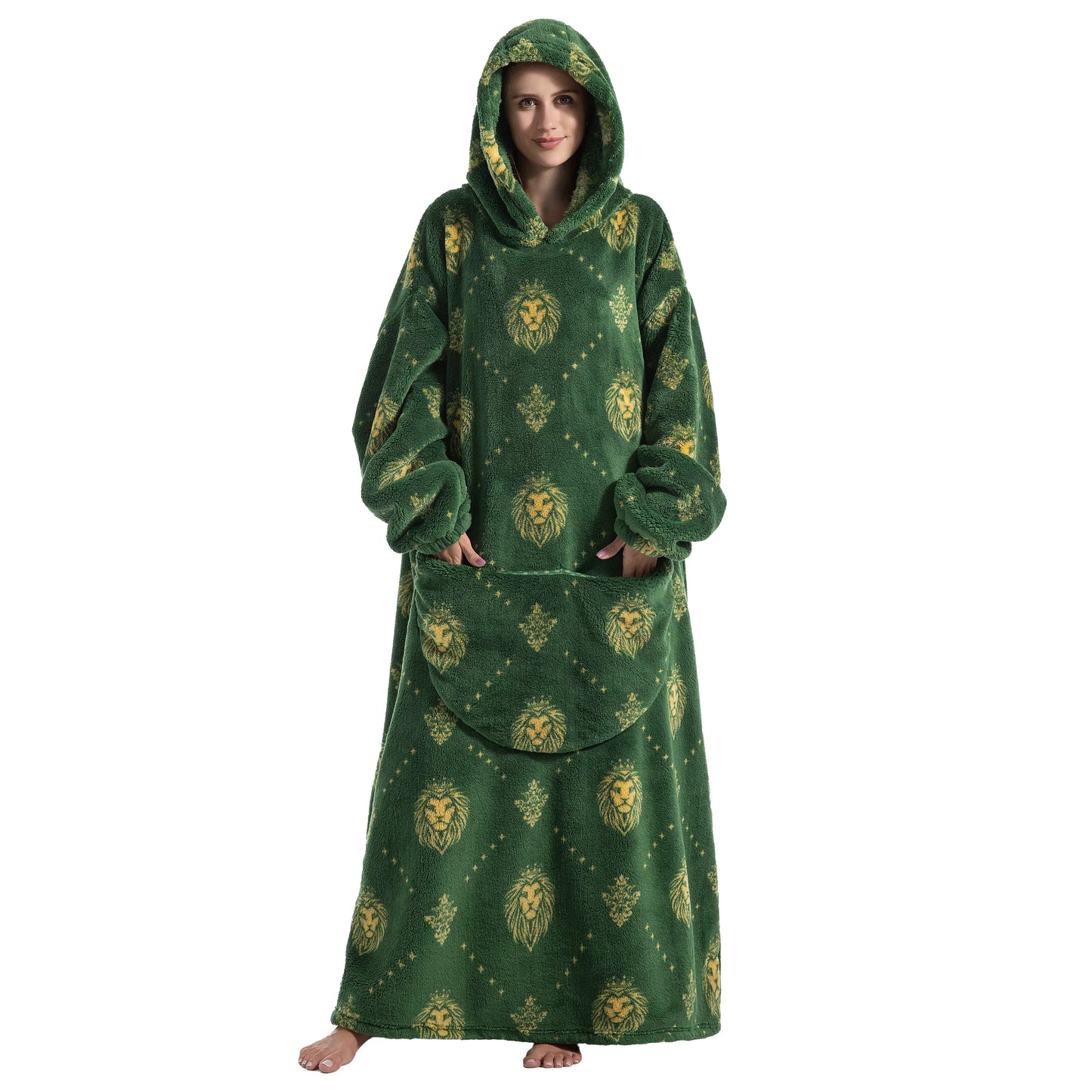 Green hooded robe with lion emblem pattern worn by a person on a white background
