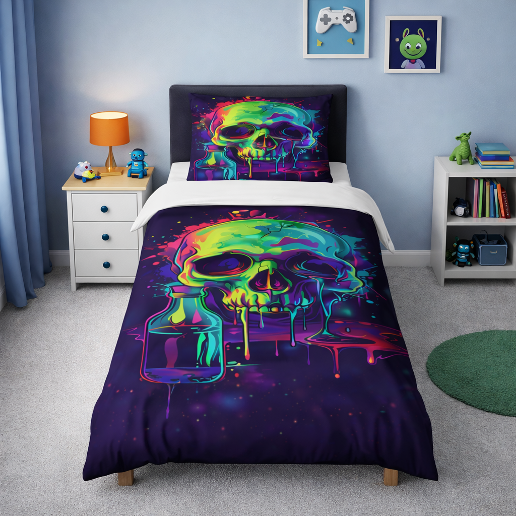 Colourful psychedelic skull duvet set with neon paint drip design on a dark background displayed on a single bed with matching pillowcase