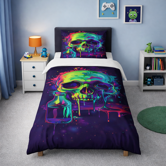Colourful psychedelic skull duvet set with neon paint drip design on a dark background displayed on a single bed with matching pillowcase
