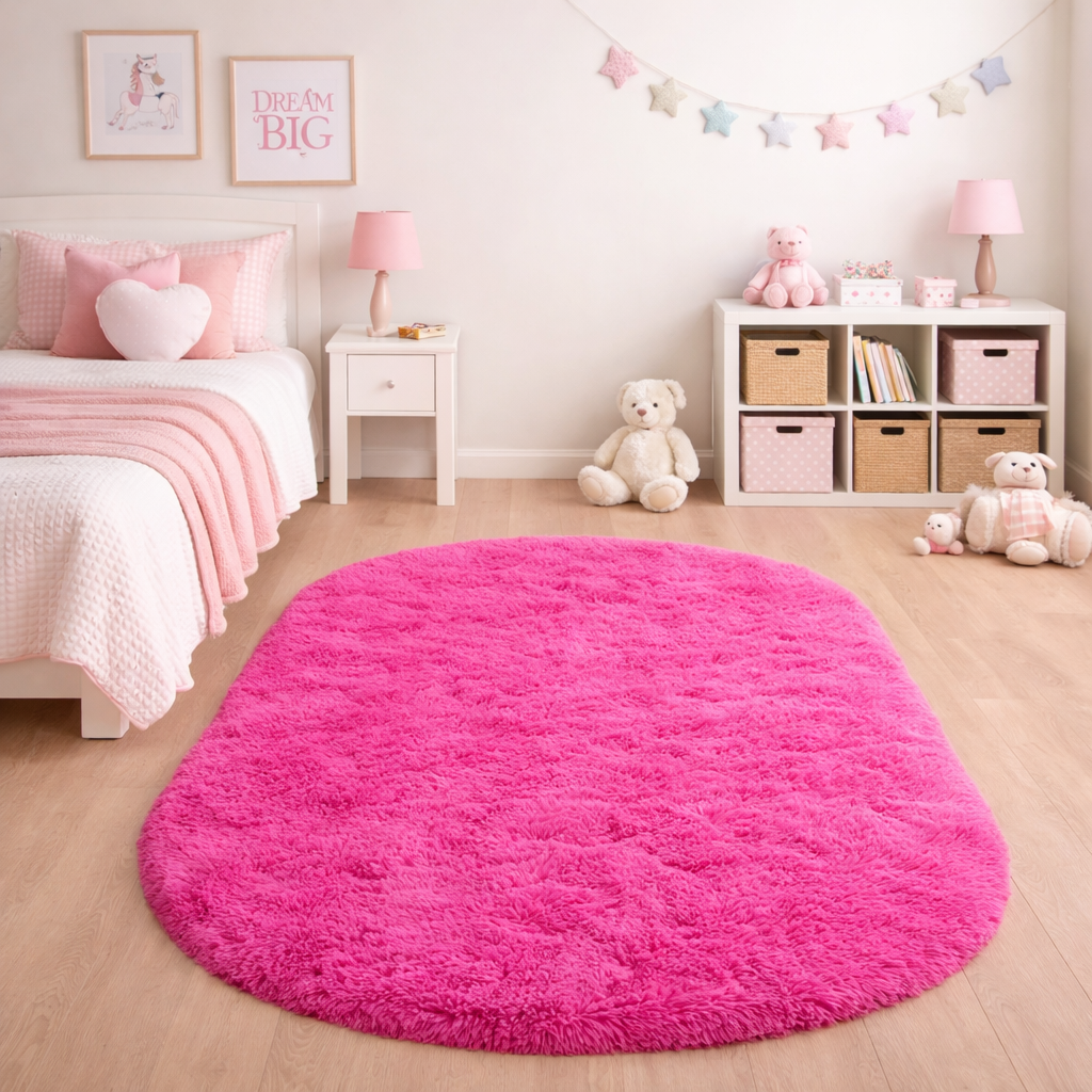 Hot pink silky plush oval rug placed on a wooden floor in a pastel bedroom