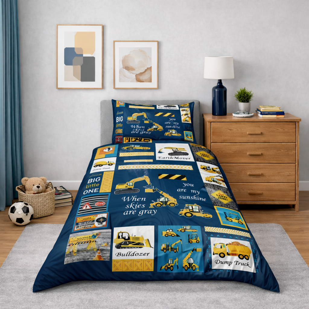 Children's bedroom with construction-themed bedding set on a bed, wooden dresser, and decor items.