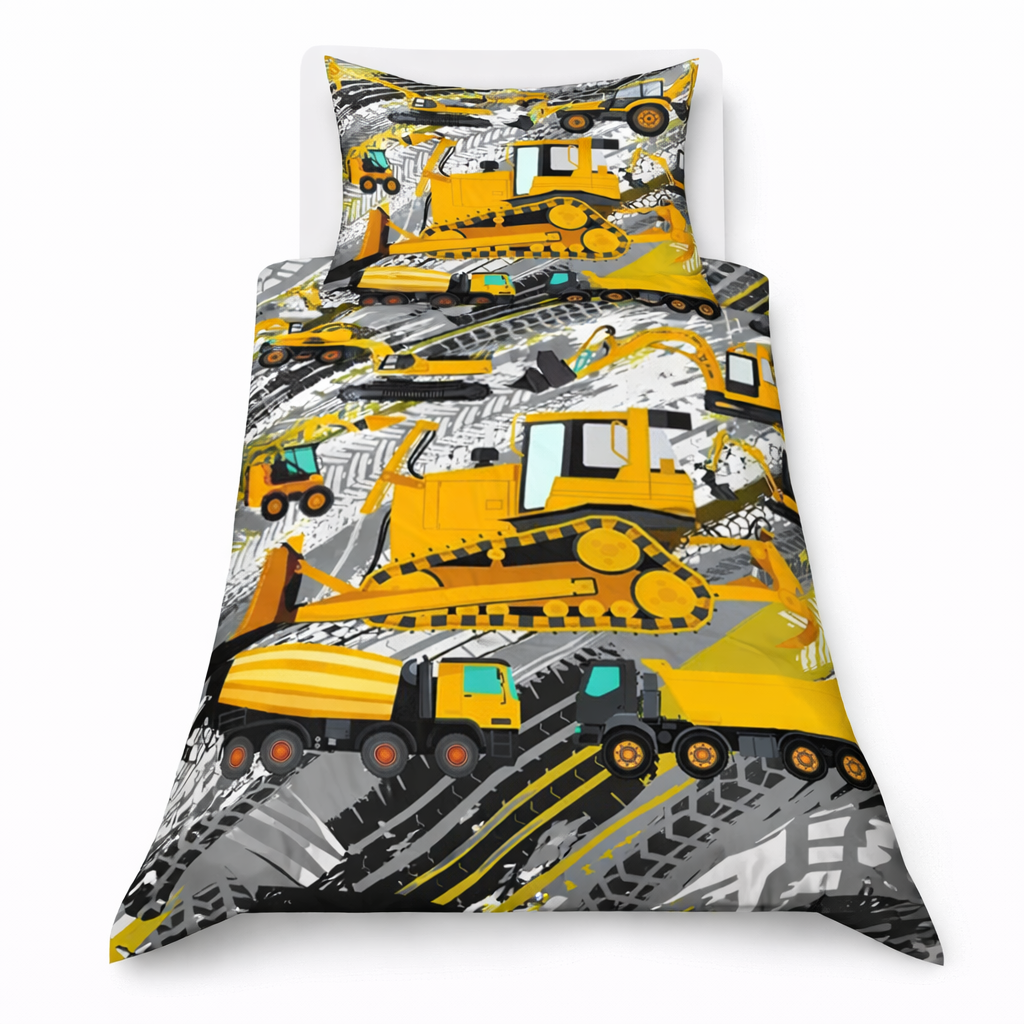 Construction vehicle-themed bedding set with yellow bulldozers on a white background