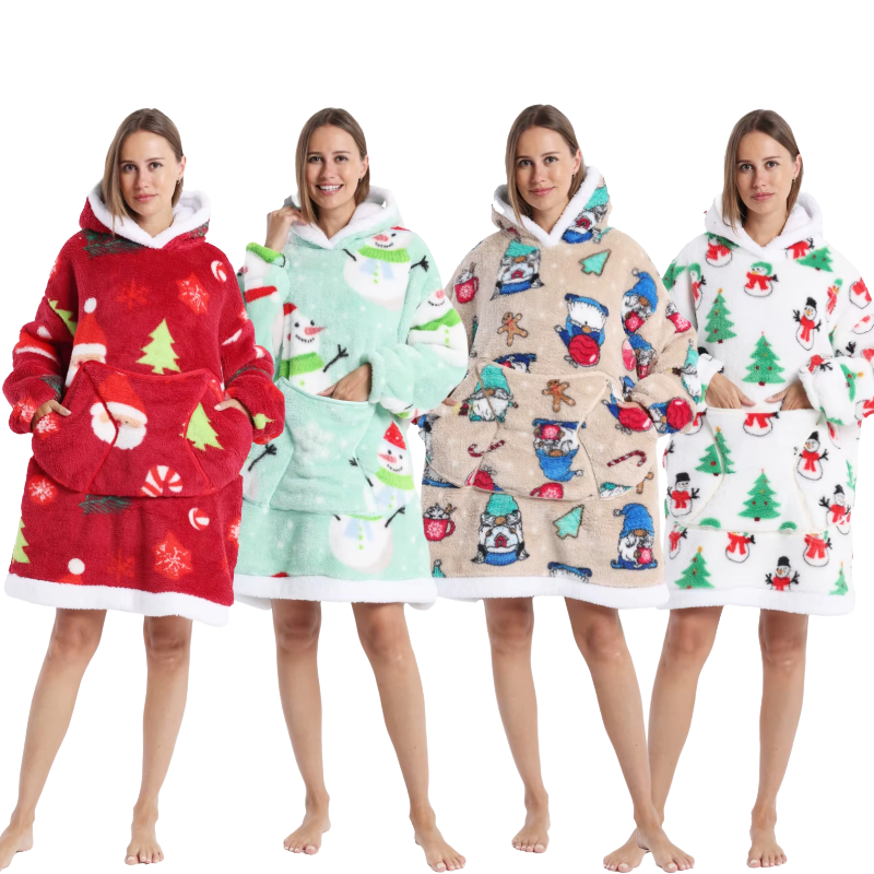 Christmas themed fleece blanket hoodies worn by adult model showing oversized fit and festive designs