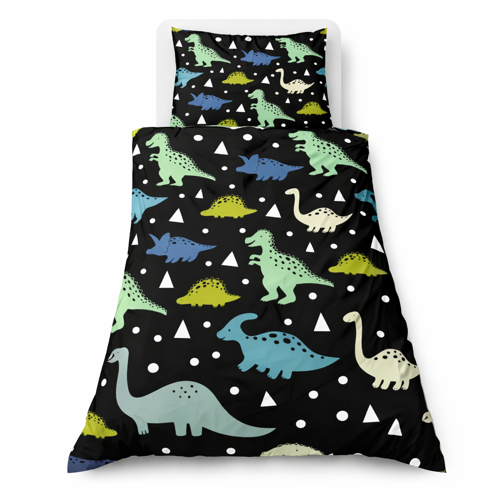 Dinosaurs patterned bedding set on a black background with white polka dots