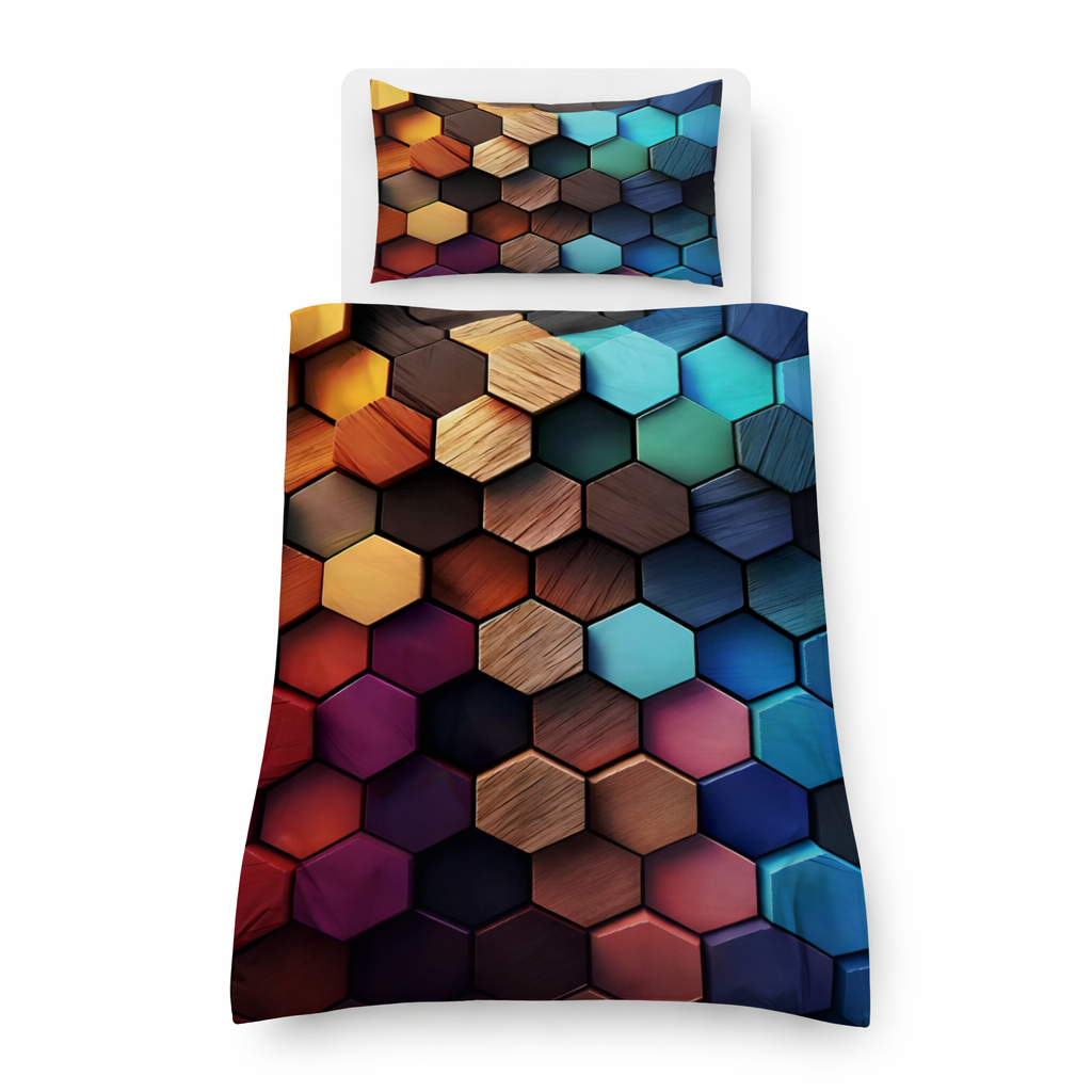 Colorful geometric patterned bedding set on a white background