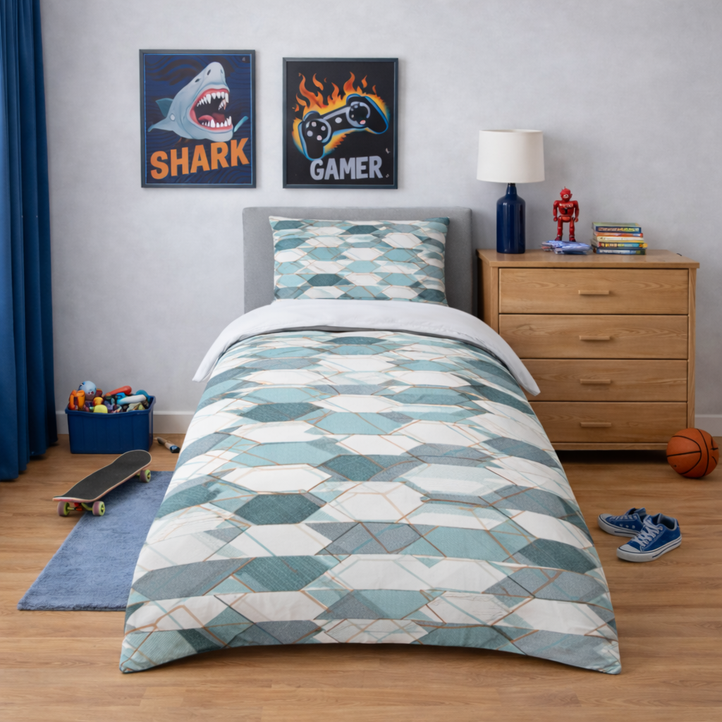 Bedroom with geometric patterned bedding, wooden nightstand, and wall art.