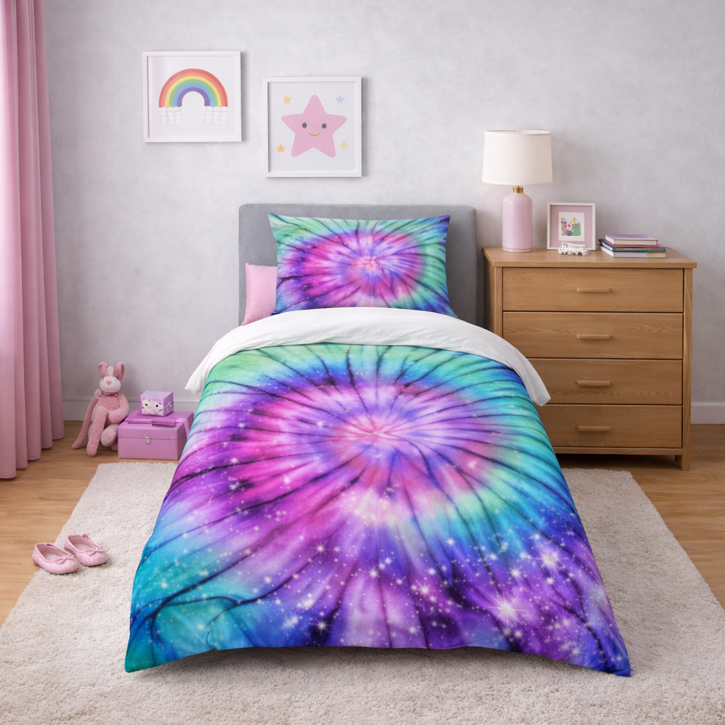 Tie-dye bedding set on a bed in a child's bedroom with decor elements.