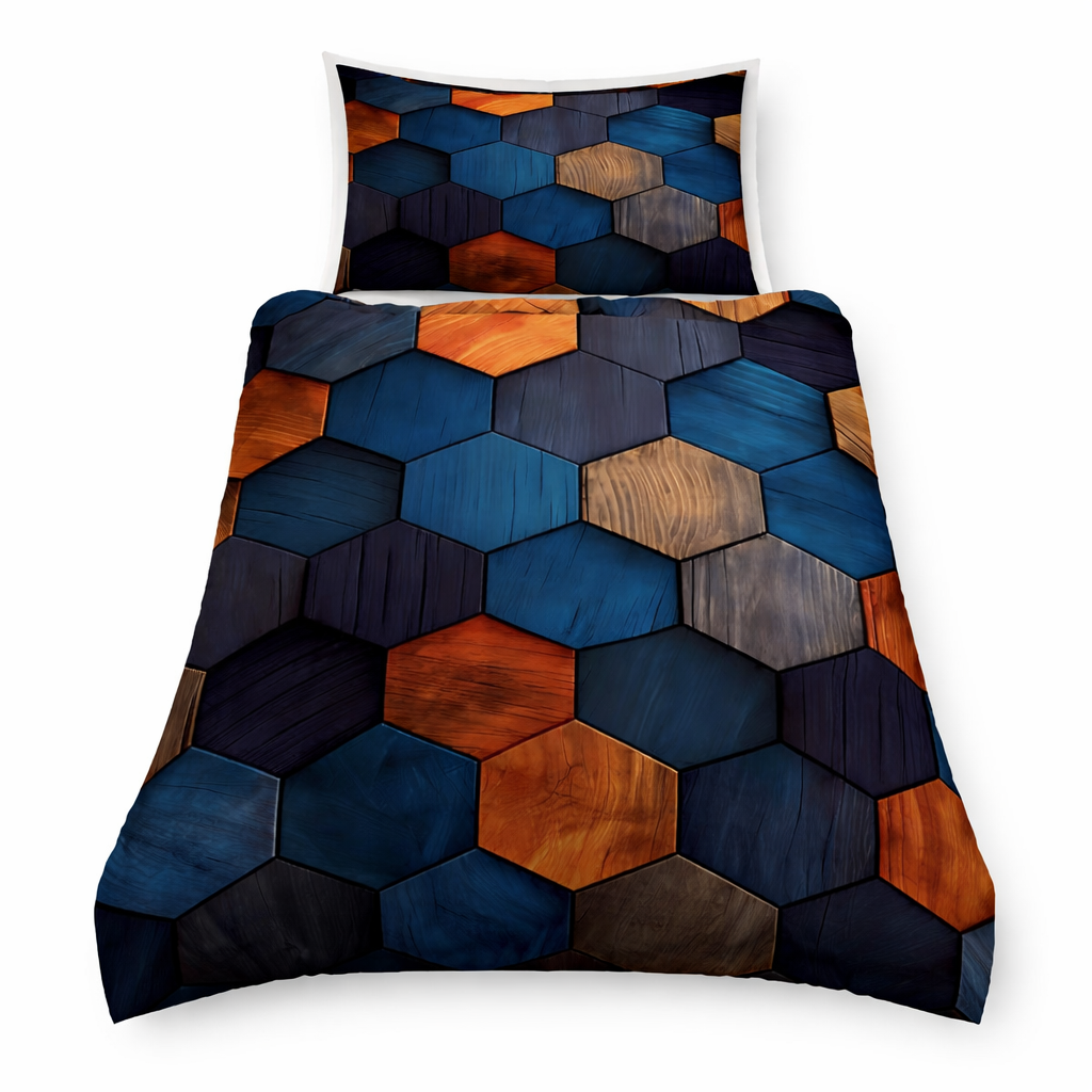 Hexagonal patterned bedding set with a pillow on a white background