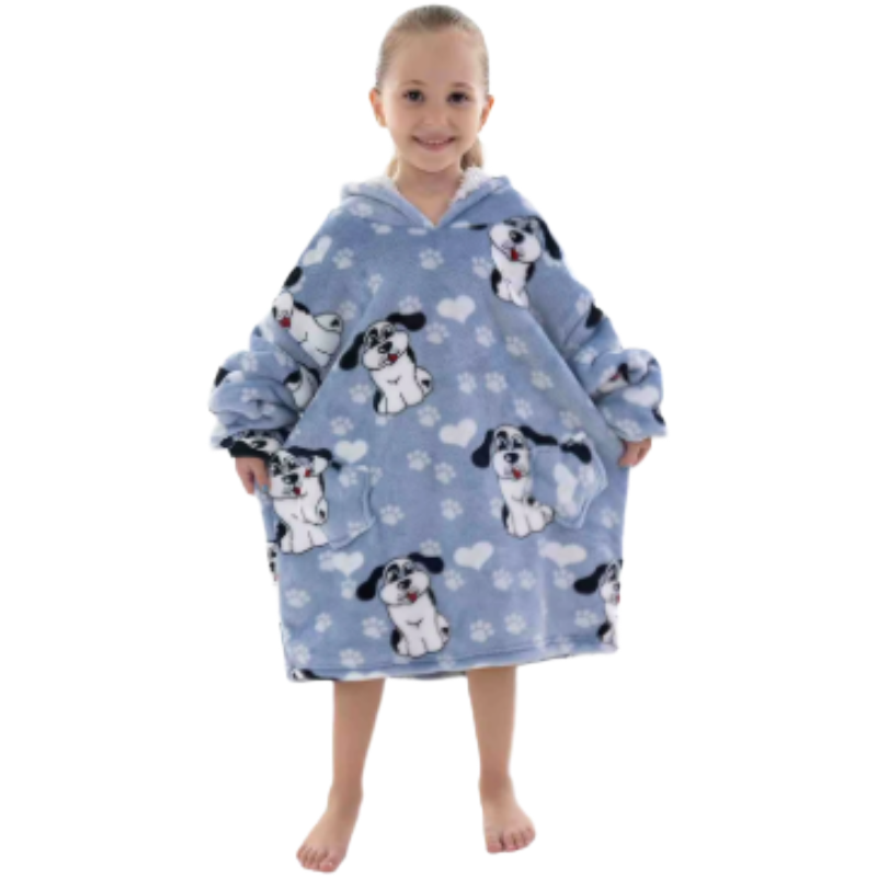 Child wearing a happy dog blue oversized wearable hoodie on a white background.
