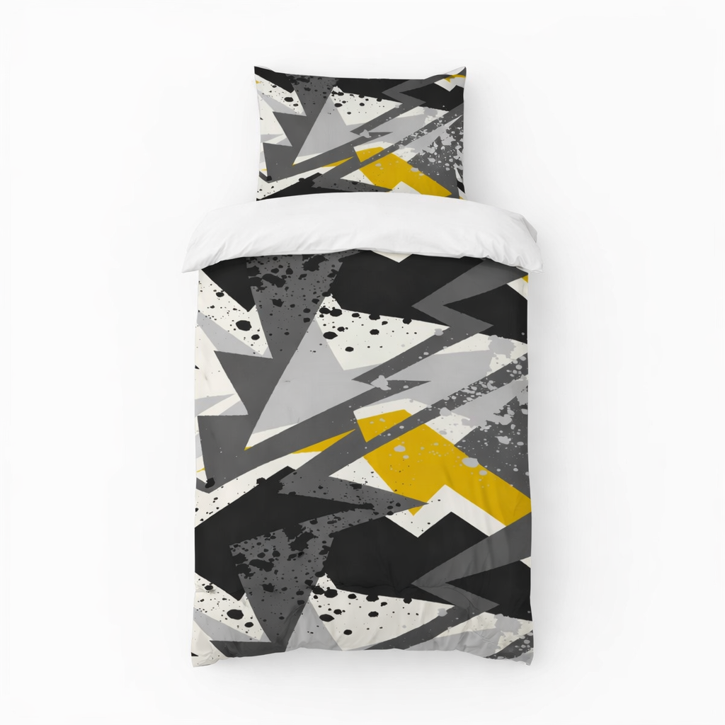 Grey yellow and white abstract design duvet set on a white background