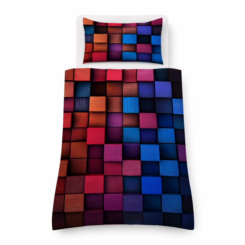 Colourful geometric patterned bedding set on a white background