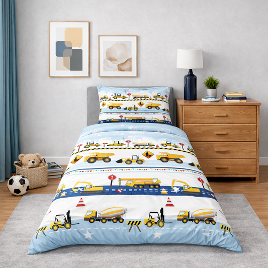 Children's bedroom with construction-themed bedding set on a bed, wooden dresser, and decor items.