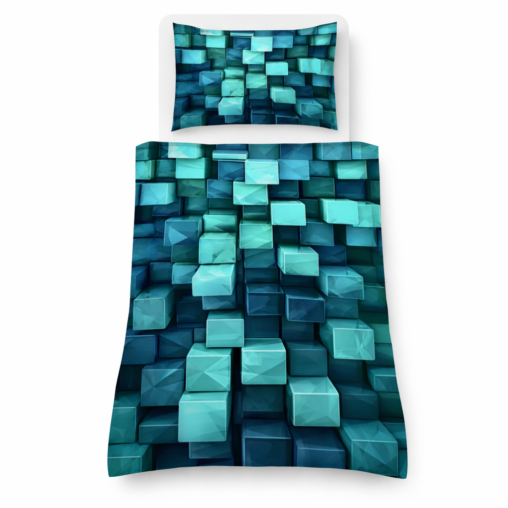Blue cube geometric duvet cover and pillowcase on a white background