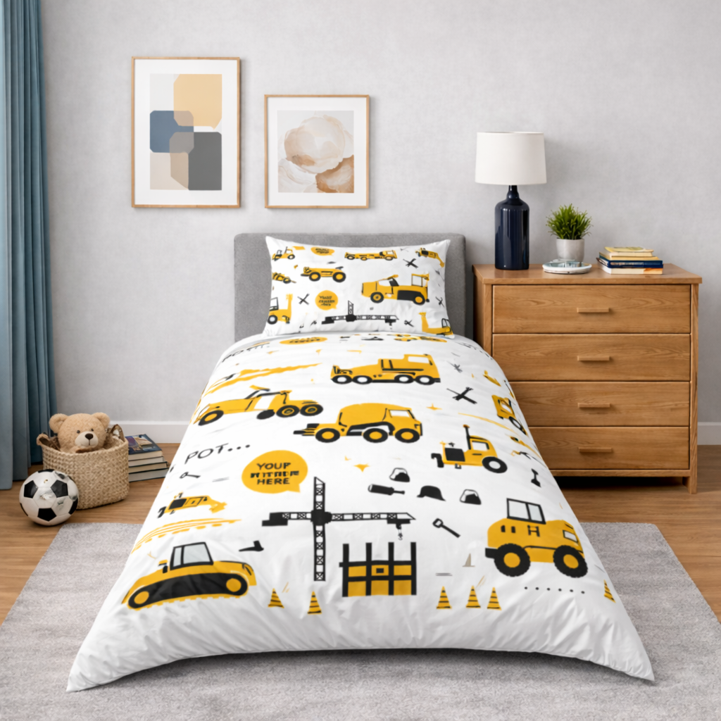 Children's bedroom with construction-themed bedding set on a bed.
