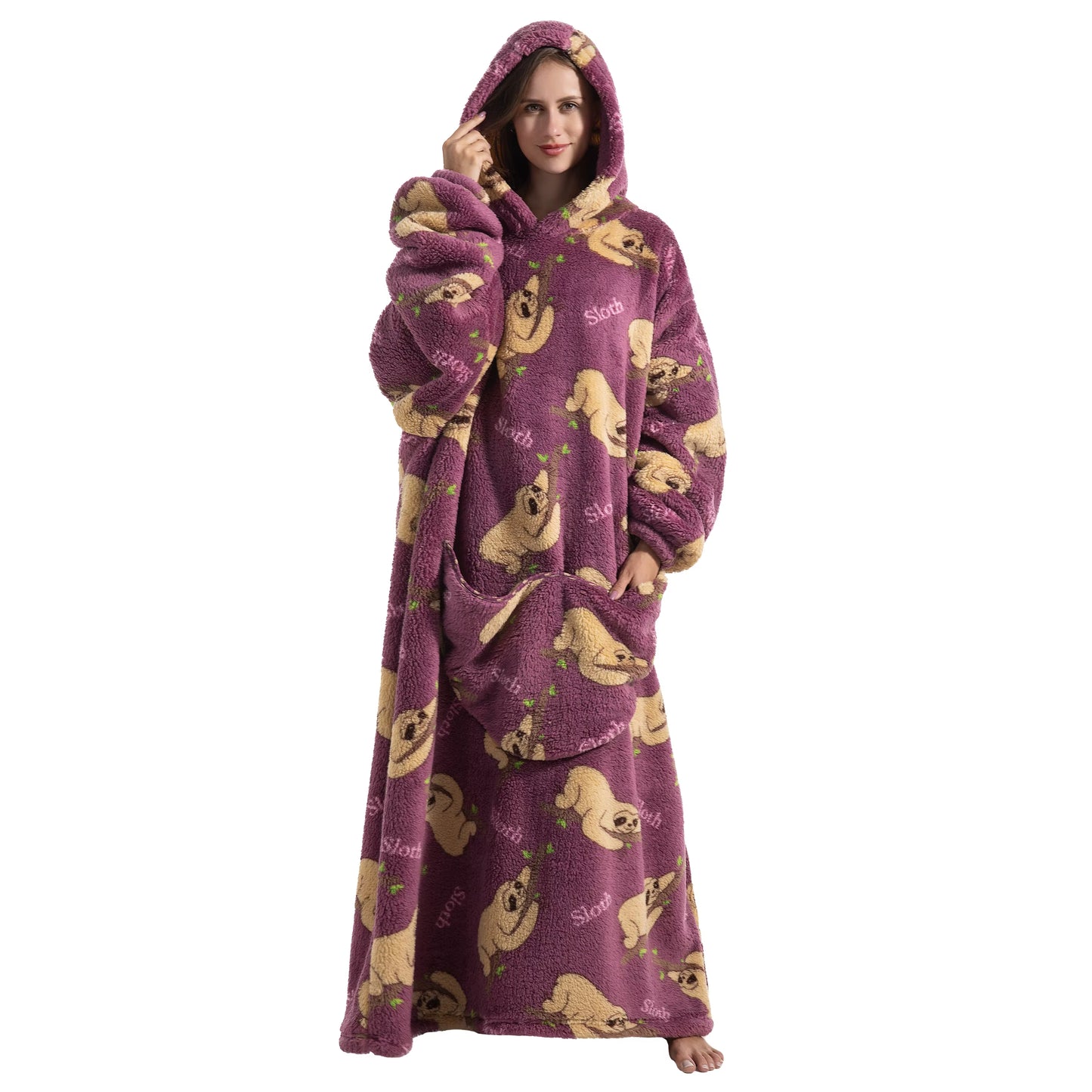 Person wearing a purple hoodie with cartoon sloth designs on a white background