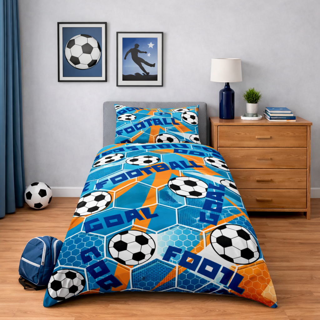 Children's bedroom with football-themed bedding set on a bed.