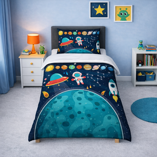 Space astronaut single duvet set with planets, rocket and UFO on dark navy starry background displayed on a child’s bed