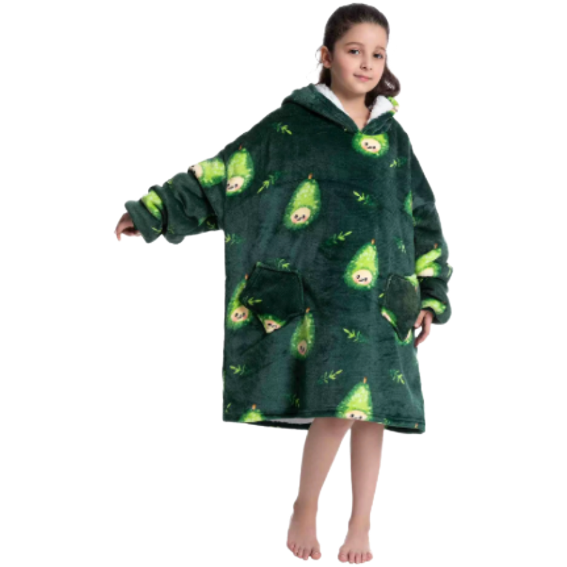 Child wearing green oversized wearable hoodies featuring a playful pear print and soft sherpa lining