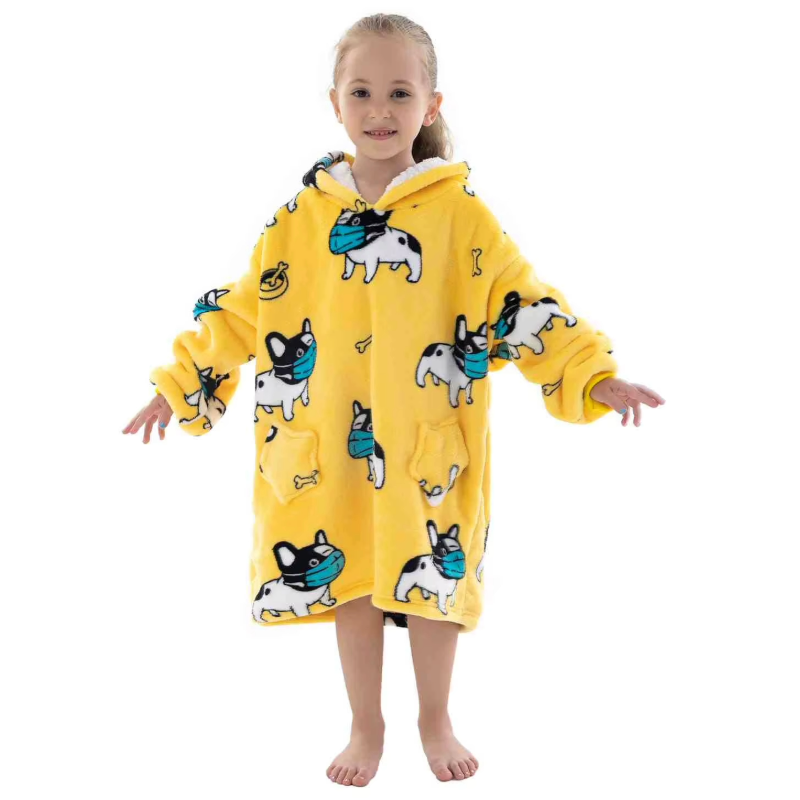 Child wearing a yellow masked dog oversized lounge hoodie.