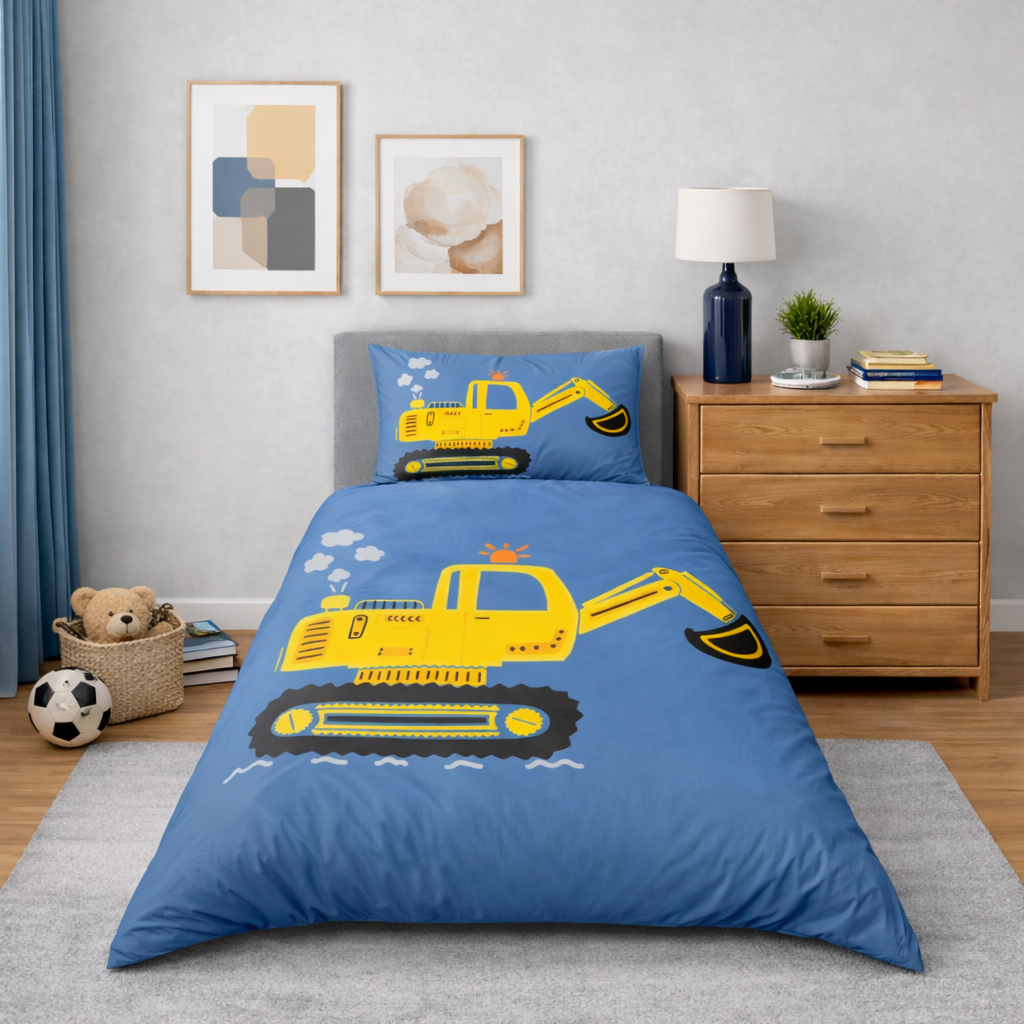 Children's bedroom with blue bedding featuring a yellow excavator design.