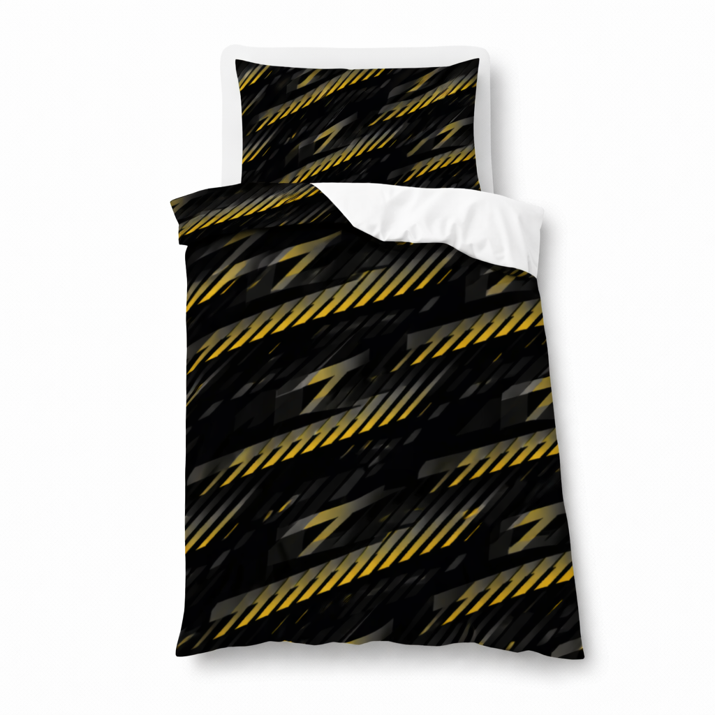 Black and yellow striped bedding set on a white background