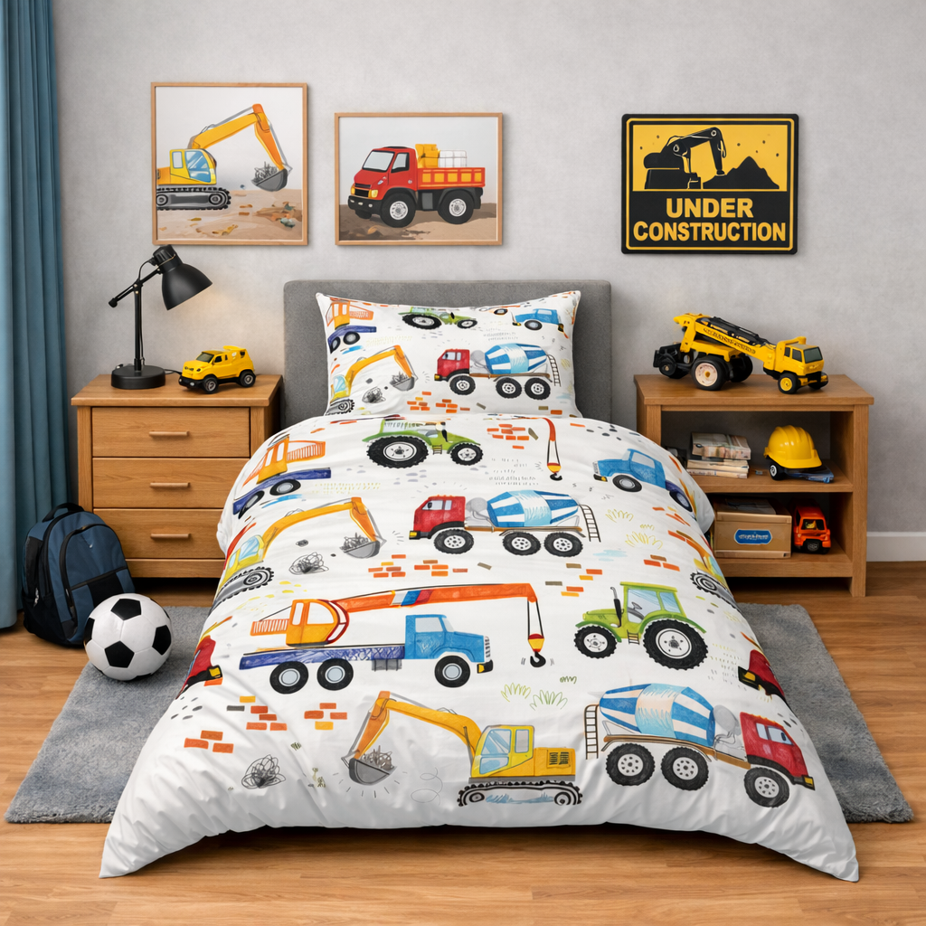 Children's bedroom with construction-themed bedding and decor